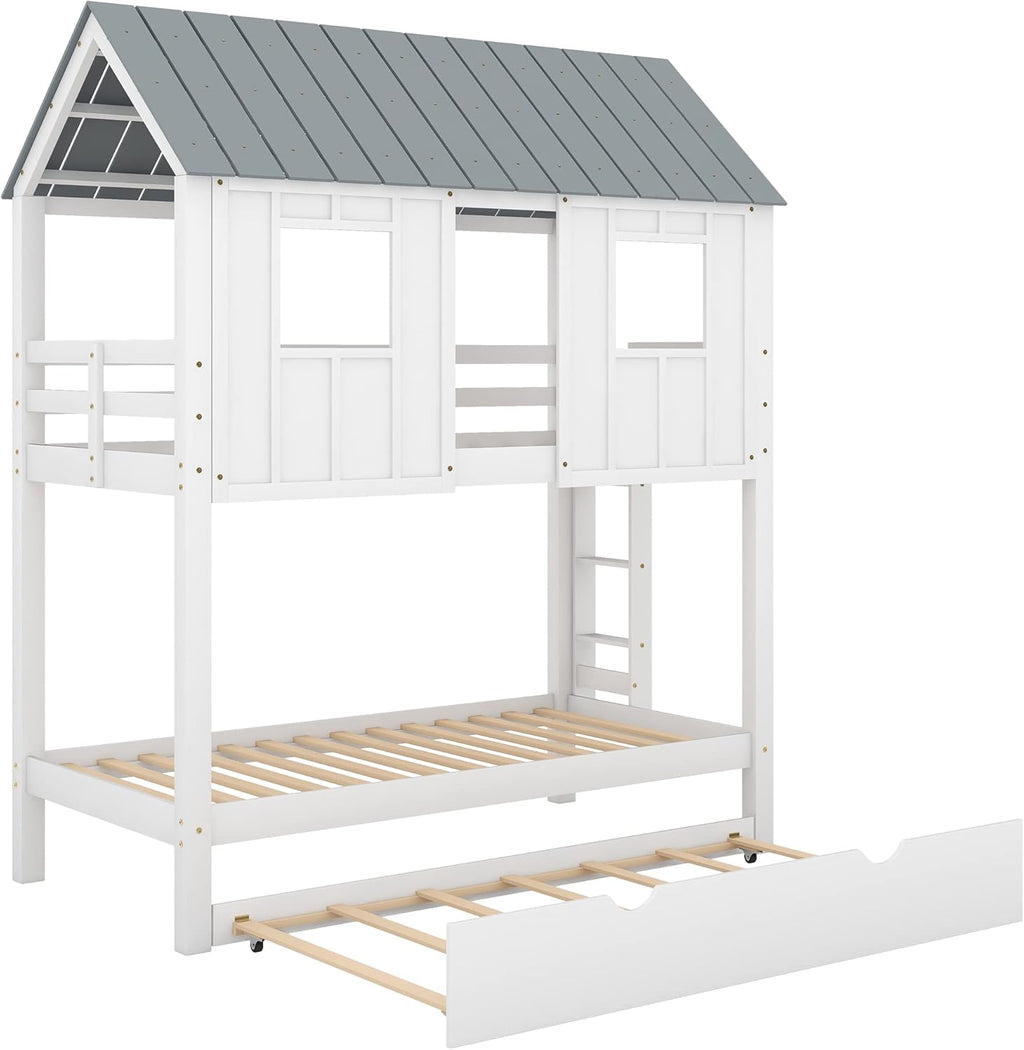 Wood House Bunk Bed with Trundle, Twin Over Twin with Guardrails and Ladder, White S560