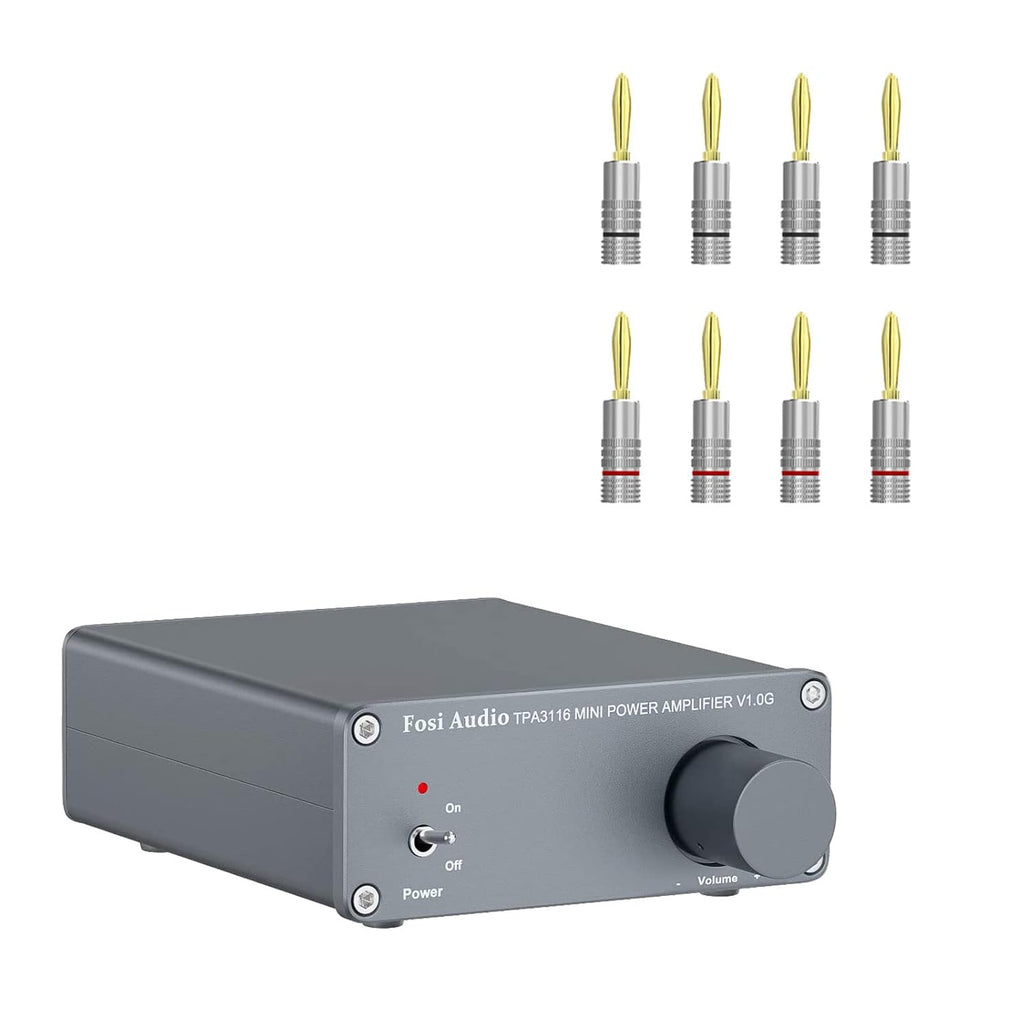 Fosi Audio 100W Power Amplifier with 8 Banana Plugs Mini Stereo Audio 2 Channel Class D Amplifier Hi-Fi Professional Digital Amp with 19V 4.74A Power Adapter for Home Audio System Pack of 2