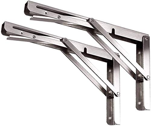 Toirxarn 10" Heavy Duty Folding Shelf Brackets - Stainless Steel Collapsible Bracket for Space Saving Wall Mounted Desk, DIY Workbench, Foldable Table & Countertop Extension, Max Load 330lb, Pack of 2