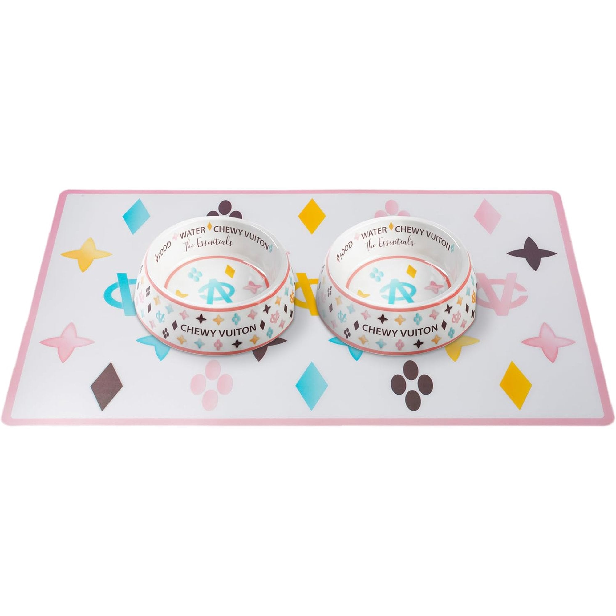 White Chewy Dog Bowls & Placemat, BPA-Free, Non-Skid, Dishwasher Safe, Small, 2-Pack Y1319