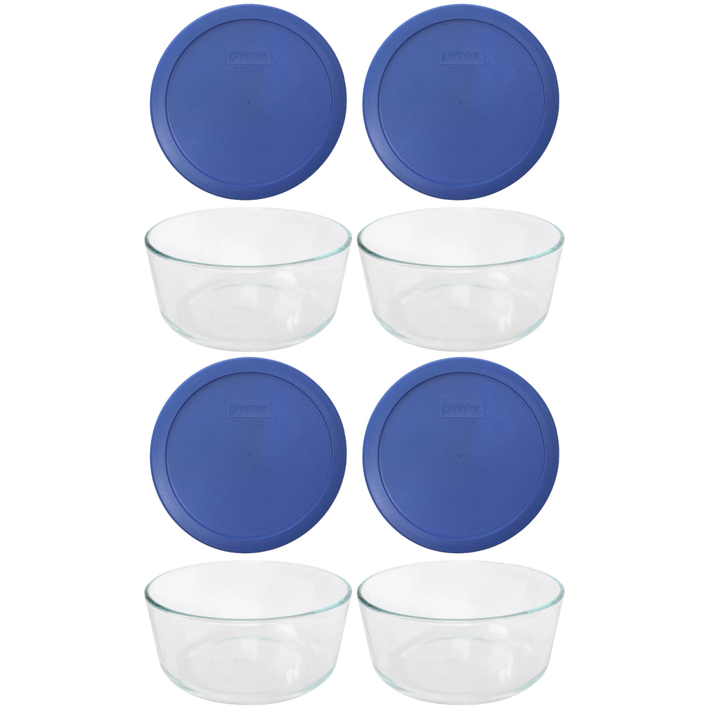 Pyrex (4) 7203 7-Cup Glass Bowl and (4) 7402-PC 7-Cup Amparo Blue Lids, Made in the USA (4-Pack)