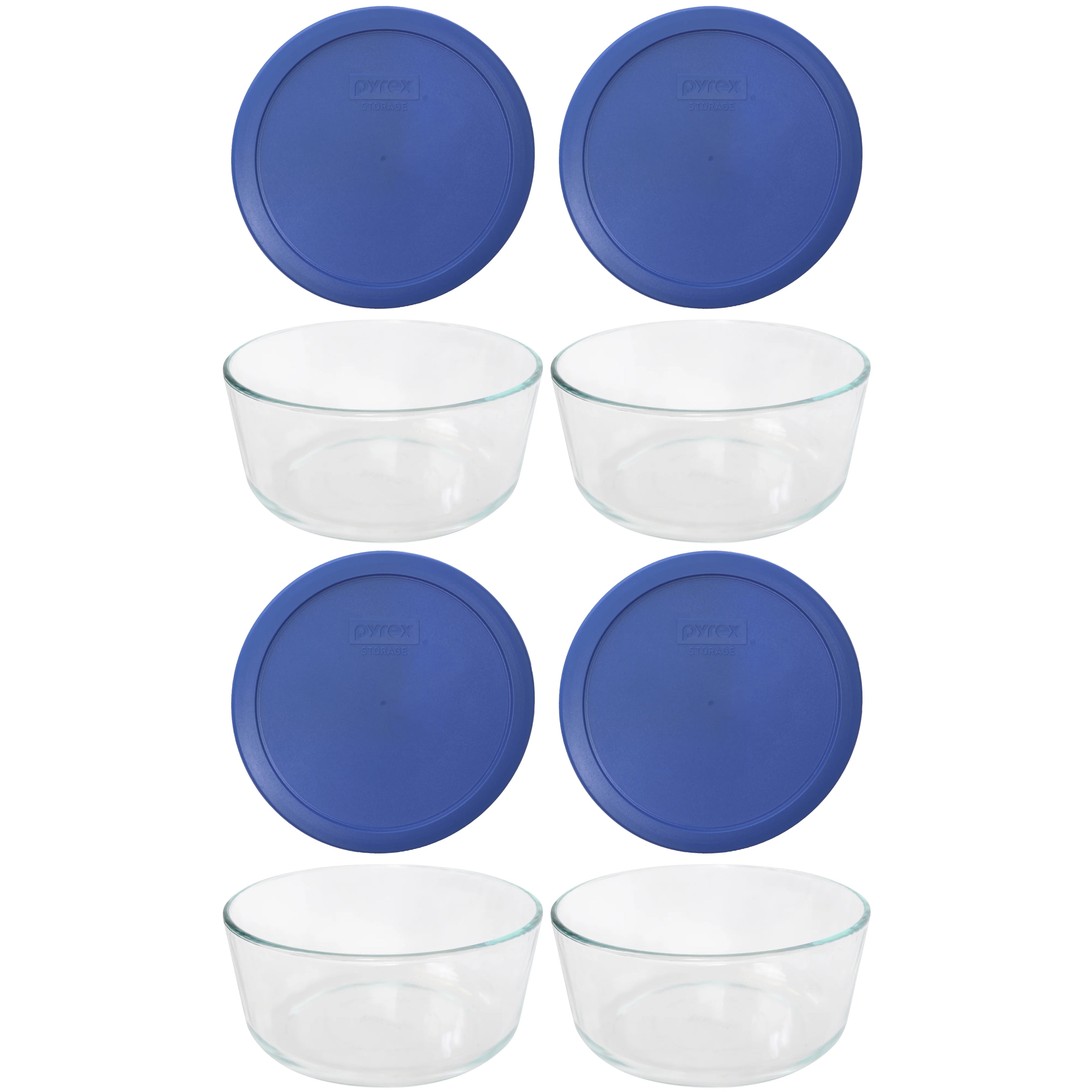 Pyrex (4) 7203 7-Cup Glass Bowl and (4) 7402-PC 7-Cup Amparo Blue Lids, Made in the USA (4-Pack)
