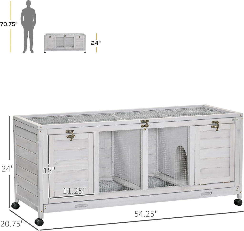 Wooden Rabbit Hutch with Wheels, Openable Roof, Removable Trays H633
