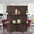 4 Panel Room Divider with 2 Shelves - 6 FT Tall Extra-Wide Folding Privacy Partition Mesh Weave Wood Portable and Lightweight Freestanding Privacy Screens for Home Bedroom Office Brown
