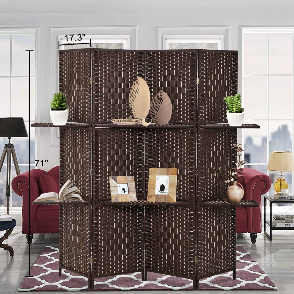 4 Panel Room Divider with 2 Shelves - 6 FT Tall Extra-Wide Folding Privacy Partition Mesh Weave Wood Portable and Lightweight Freestanding Privacy Screens for Home Bedroom Office Brown