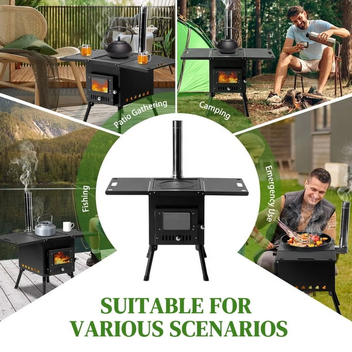 Outdoor Wood Burning Stove with Chimney Pipes for Camping, Cooking, Ice Fishing G379328