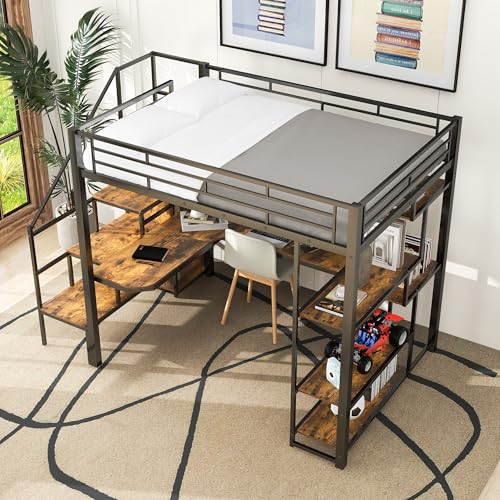 Full Size Metal Loft Bed with Storage Staircase and Desk I161867
