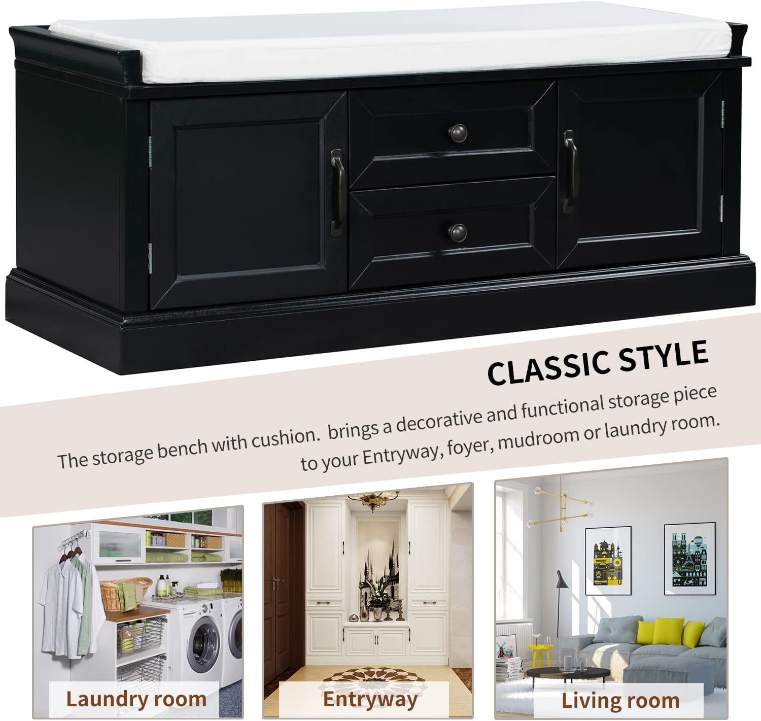 Storage Bench with 2 Drawers and 2 Cabinets, Removable Cushion, Black H95062