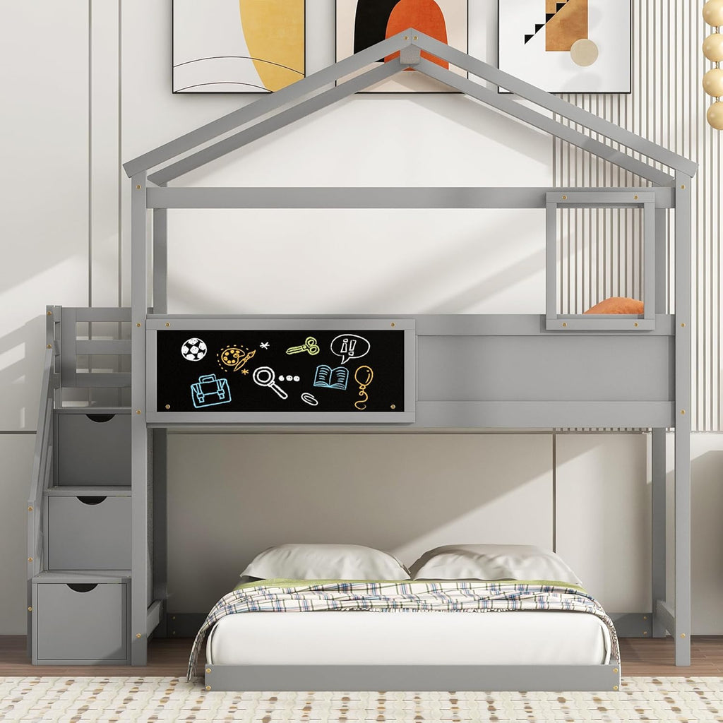 Twin Over Full Bunk Bed with Storage Stairs and Blackboard W837