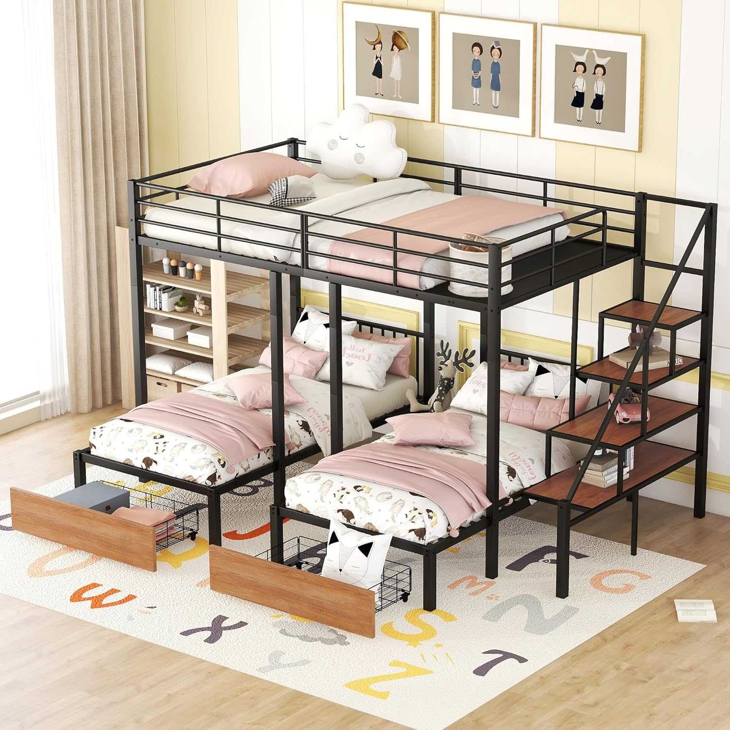 Triple Bunk Bed with Storage, Full over Twin & Twin, Separable into 3 Beds, Black V722106