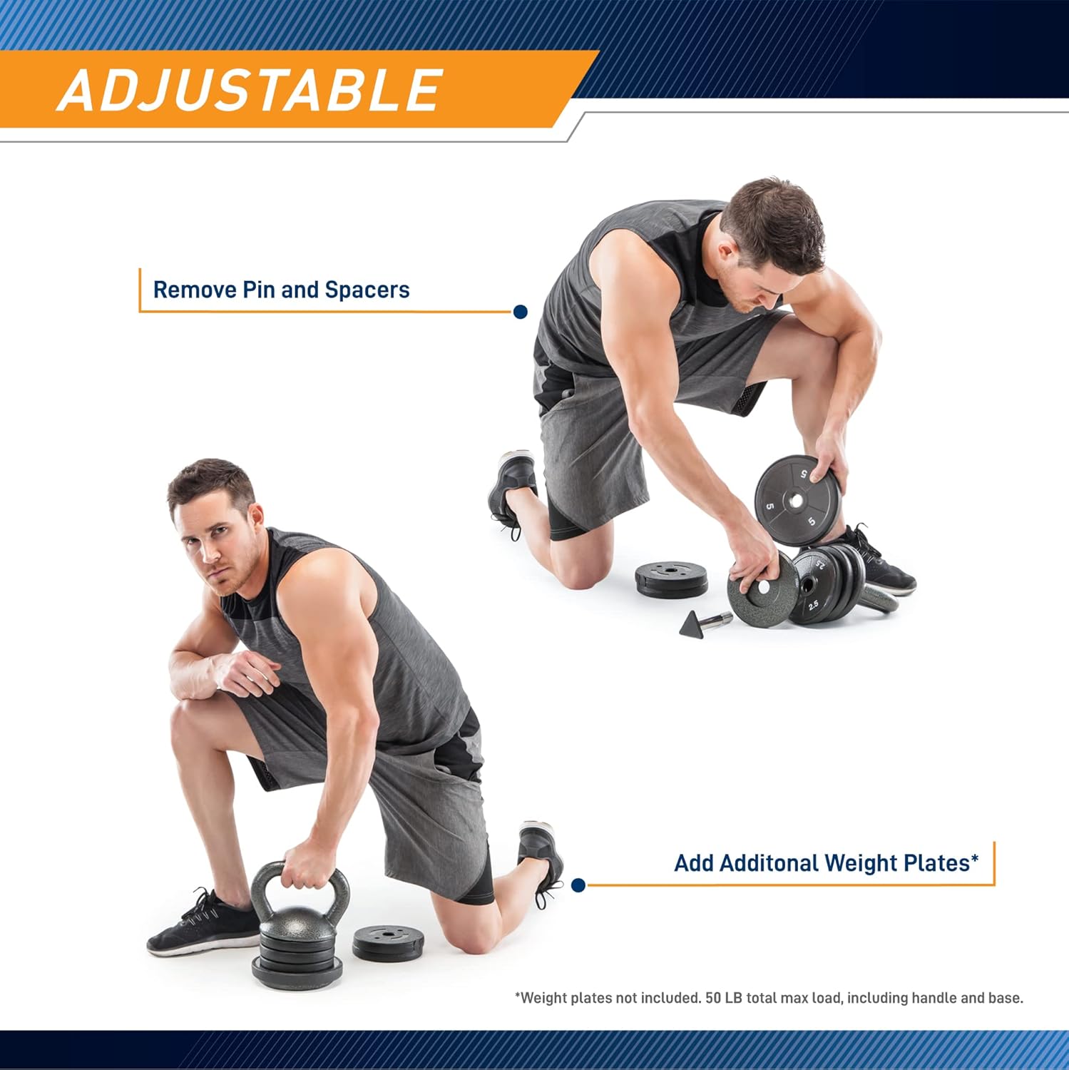 Adjustable Heavy-Duty Kettlebell Weight Set for Strength Training, Grey, 2-Pack F937979
