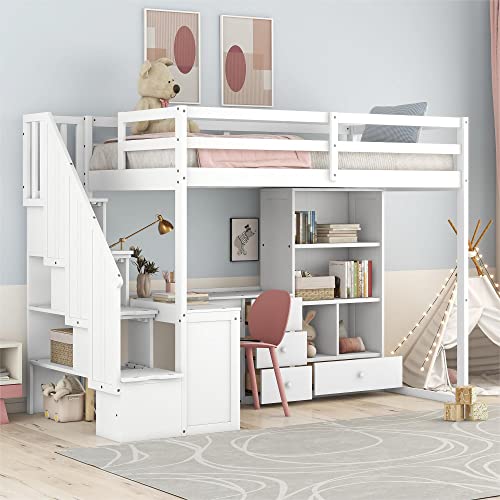Twin Size Loft Bed with Storage Stairs and Wardrobes U8458