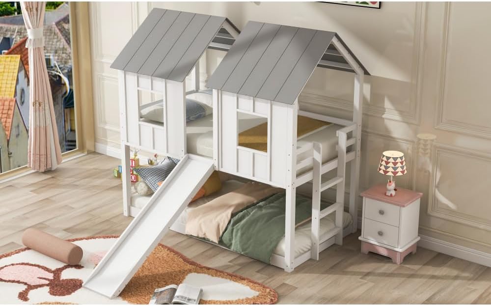 Twin Over Twin House Bunk Bed with Slide and Windows, White L7376