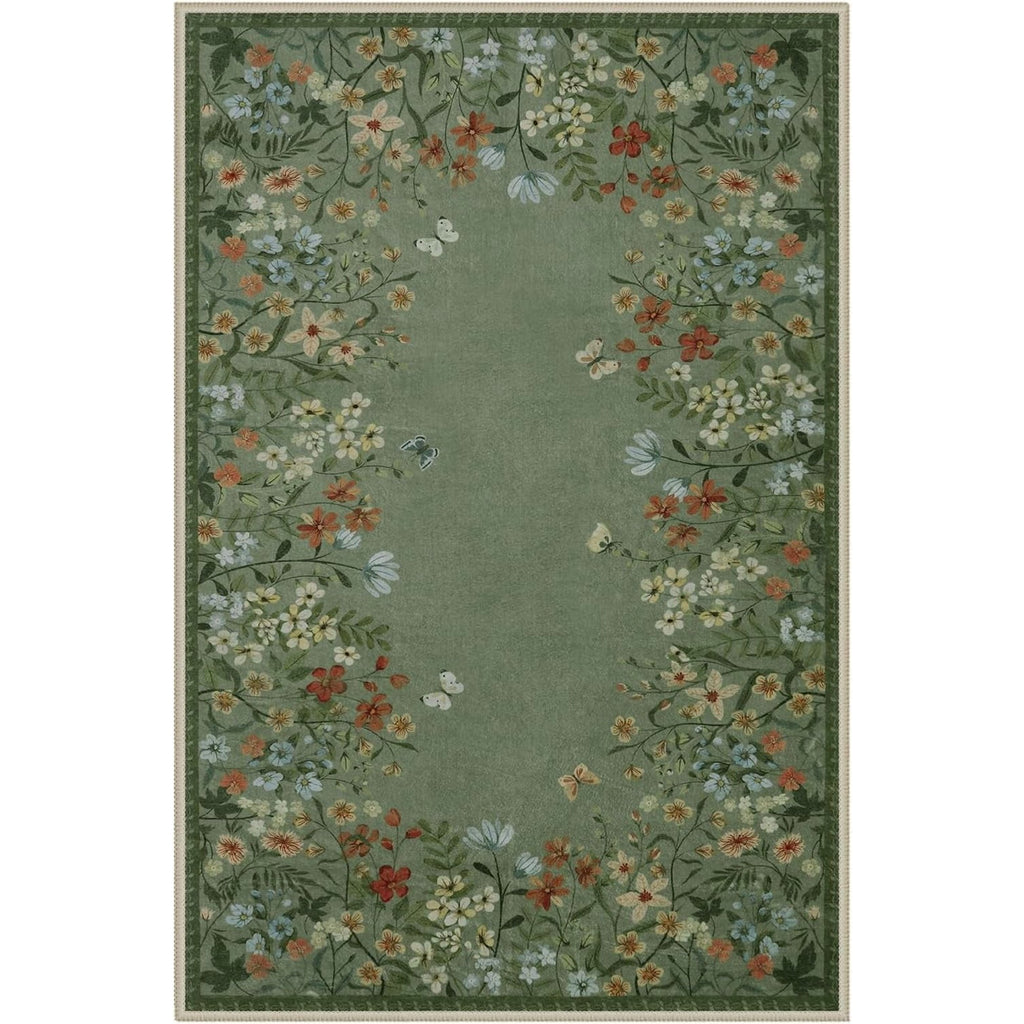 Washable Green Floral Area Rug 4x6, Non-Slip Low-Pile Indoor Carpet O8865