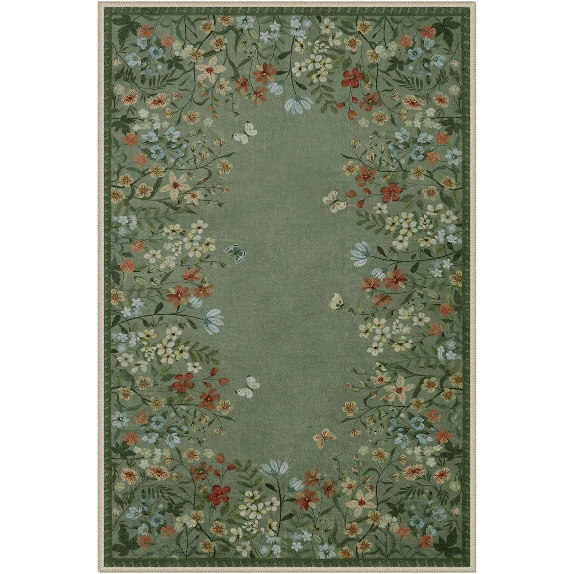 Washable Green Floral Area Rug 4x6, Non-Slip Low-Pile Indoor Carpet O8865