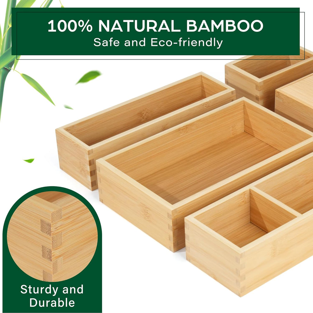 Bamboo Drawer Organizer Set, 5 Pcs Multi-Use Storage Box for Kitchen, Bathroom, Office R3794
