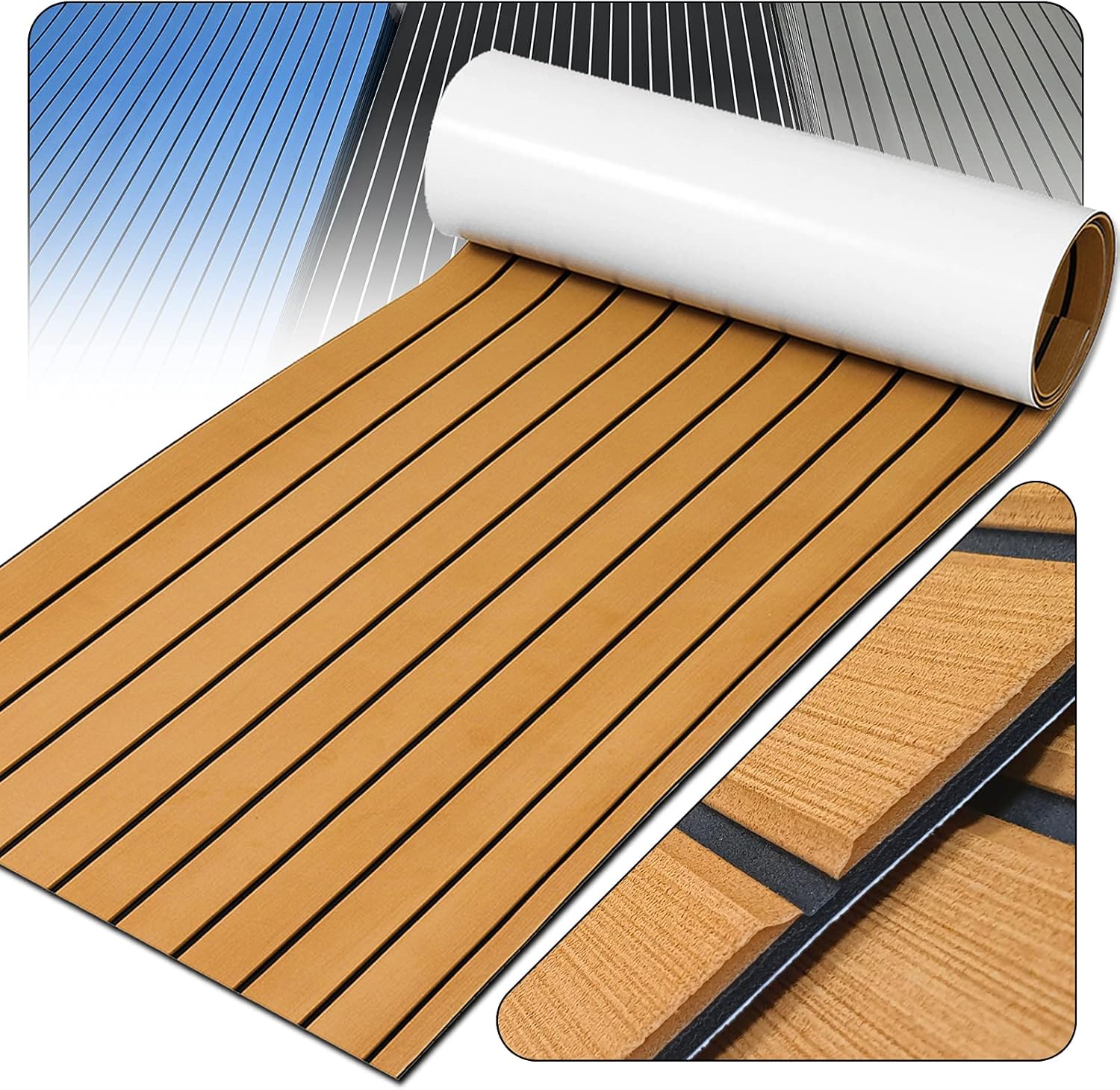 Boat Decking EVA Faux Teak Sheet, Non-Slip Self-Adhesive Marine Floor Mat, 94.5''x35.4'', Pack of 2 U5857