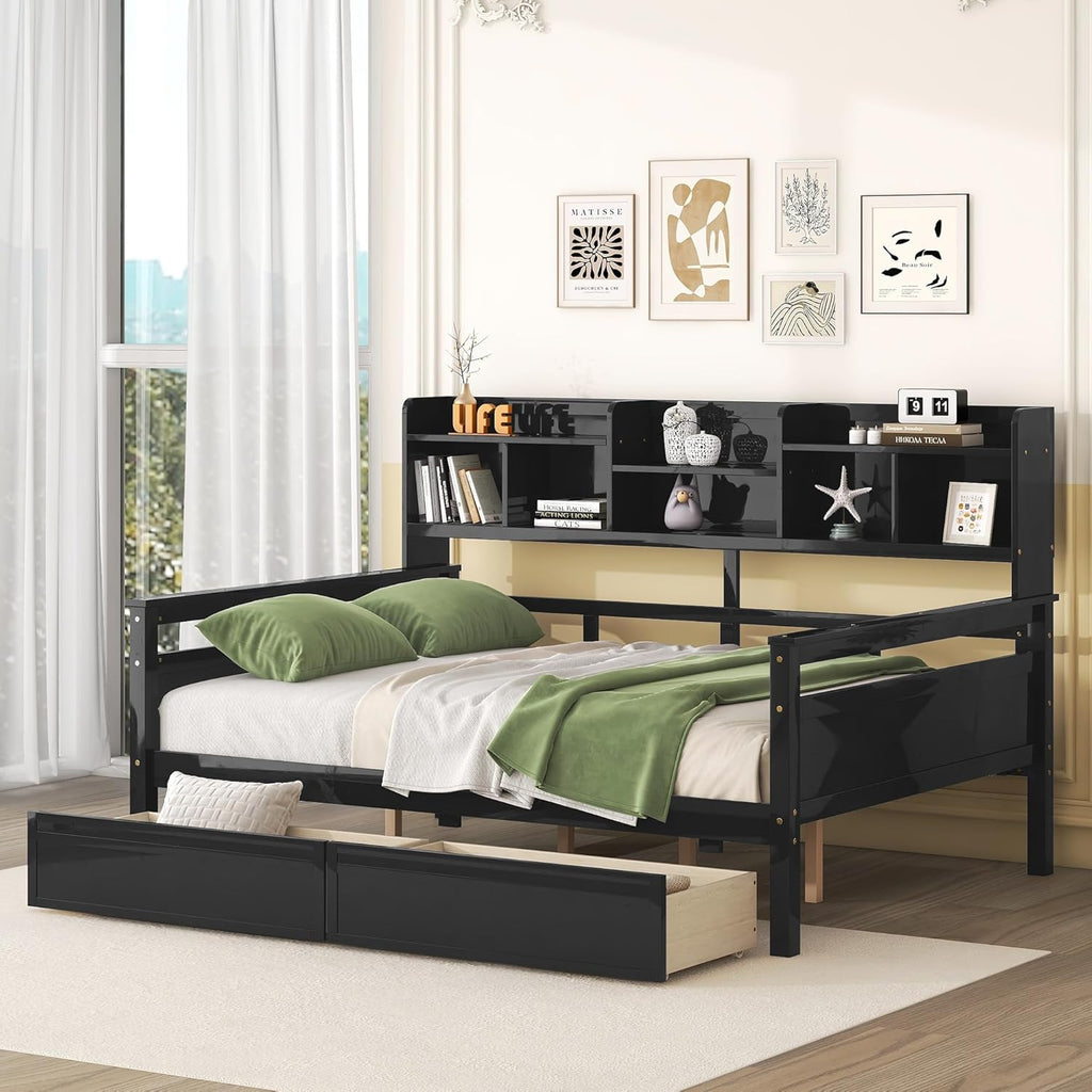Full Size Wood Daybed with 2 Storage Drawers and Bedside Shelves, Sofa Bed Frame for Livingroom, Bedroom, Espresso