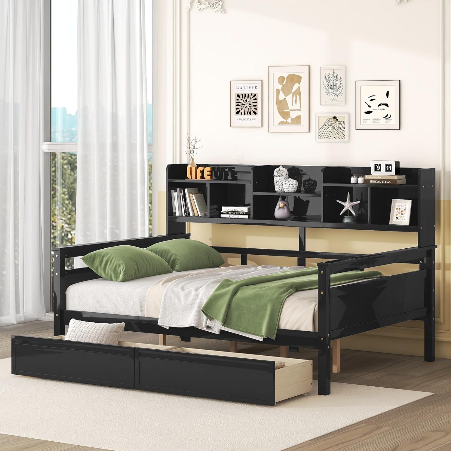 Full Size Wood Daybed with 2 Storage Drawers and Bedside Shelves, Sofa Bed Frame for Livingroom, Bedroom, Espresso