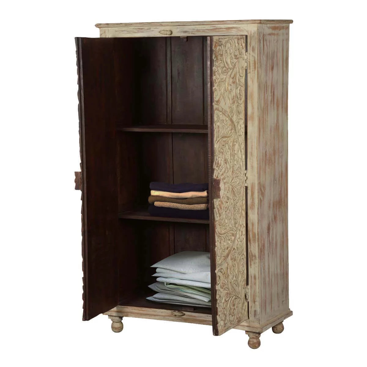 Hand Carved Solid Wood Distressed White Armoire with Shelves V522
