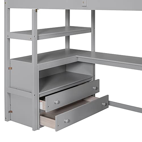 Loft Bed with Built-in L-Shaped Desk and Bookshelves, Solid Wood Frame with Safety Guardrail and Storage Staircase B5339