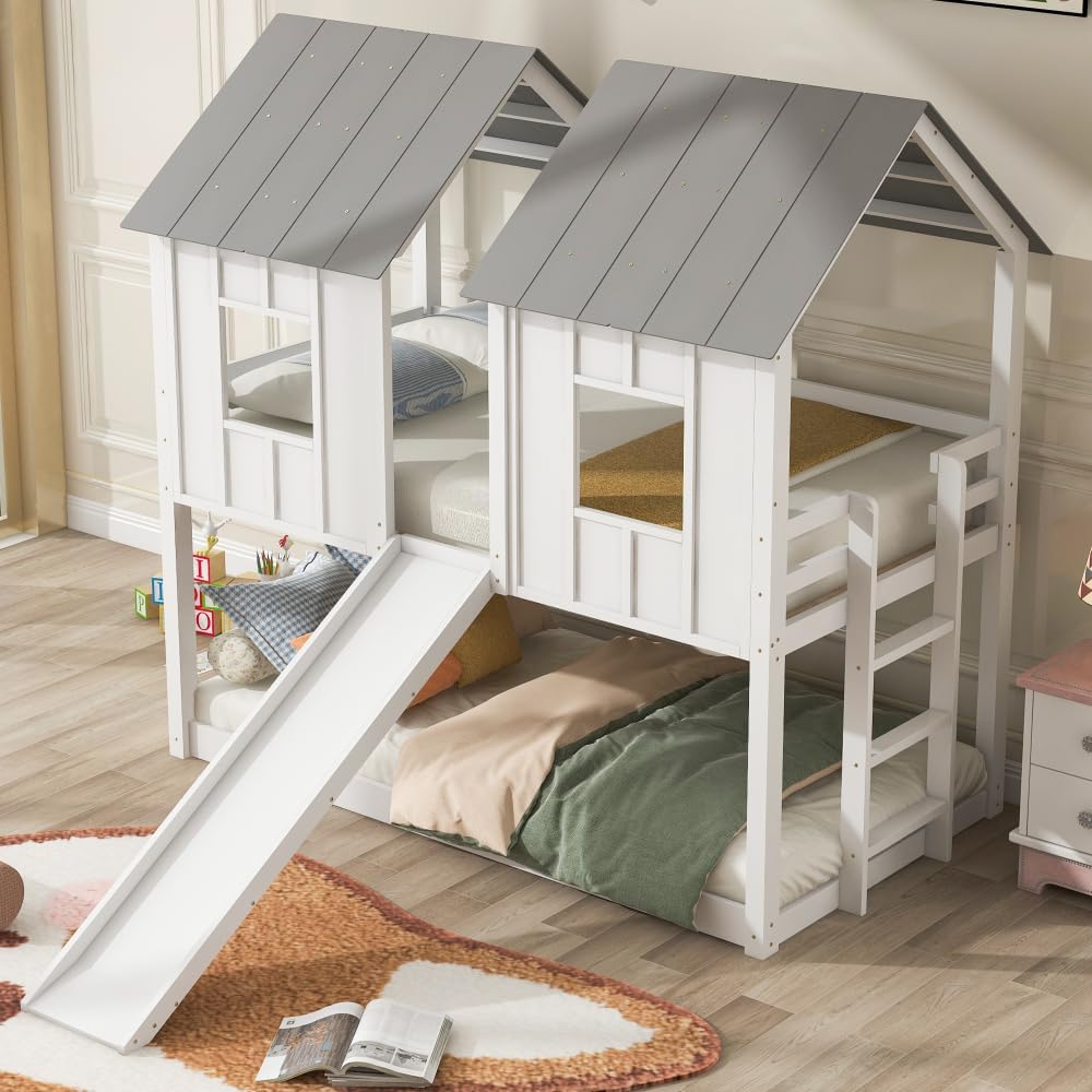 Twin Over Twin House Bunk Bed with Slide and Windows,White 2-Numbers of Package Pine Wood+MDF 14/7pcs 77.4" L*41.9" W*80" H 155Lb GX000920AAK-1