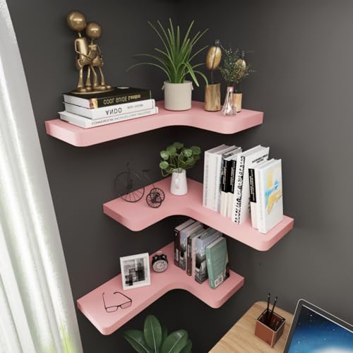 Corner Floating Shelves Wall Mount Solid Wood Set of 3, Black C5147