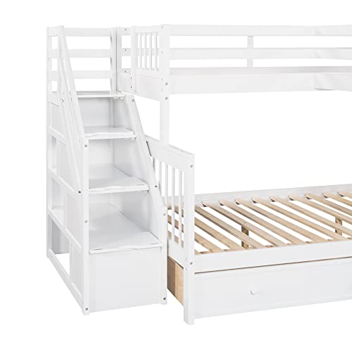 Triple Bunk Bed with Drawers and Stairway, L-Shaped Loft Bed Combo G408