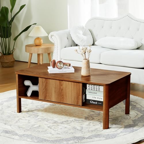 TV Stand and Coffee Table Set, Mid Century Modern with Sliding Doors, Marble Grain Wood, Black W635