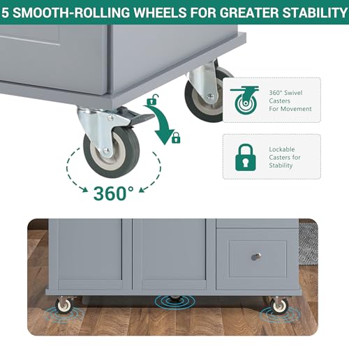 Kitchen Island on Wheels with Storage, Drop Leaf, 52.7 Inch, Grey Blue D265957