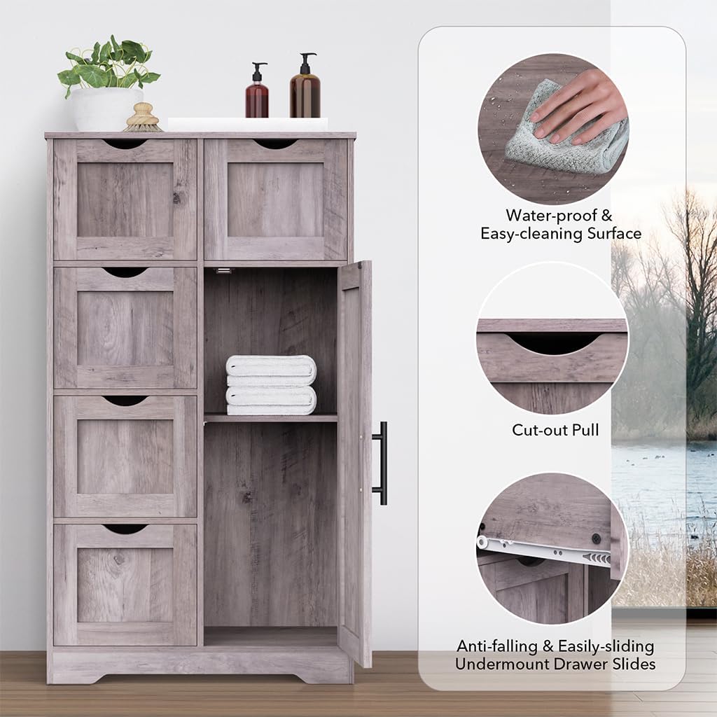 Bathroom Floor Storage Cabinet with 4 Drawers and Adjustable Shelves K979
