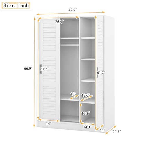 3-Door Mirror Wardrobe with 2 Drawers & Top Cabinets, Freestanding Closet with Hanging Rail & Shelves A228