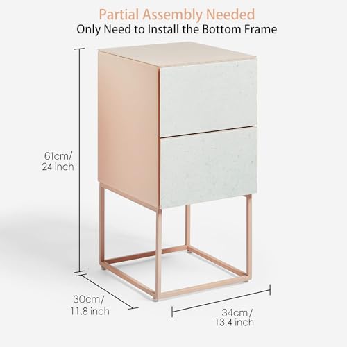 Glass Small Nightstand with 2 Drawer, Marble Tall Bedside Table for Bedroom V50111