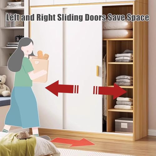 Wood Double Sliding Door Wardrobe with Shelves and Clothing Rods S93600