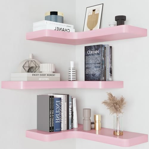 SAUMONIERES Corner Floating Shelves Wall Mount Shelf Solid Wood for Bedroom Bathroom Room Kitchen Storage Set of 3, Black, Metal Brackets