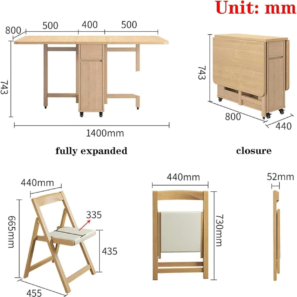 Wooden Extendable Dining Table Set with 4 Chairs, Drop Leaf, Wheels, 1 Drawer Q238