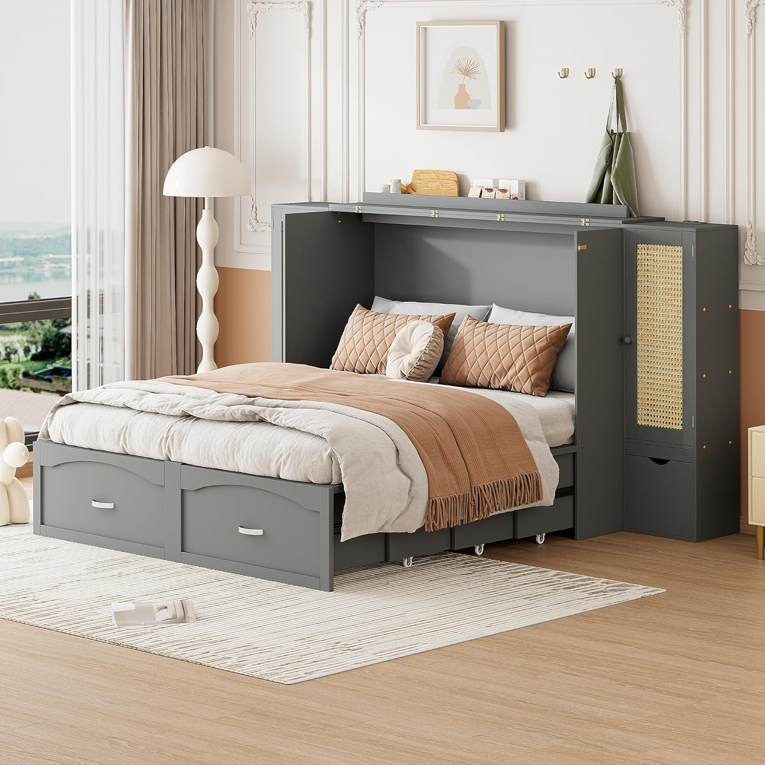 Queen Size Murphy Bed with Storage Drawer and USB Ports, Gray E170925