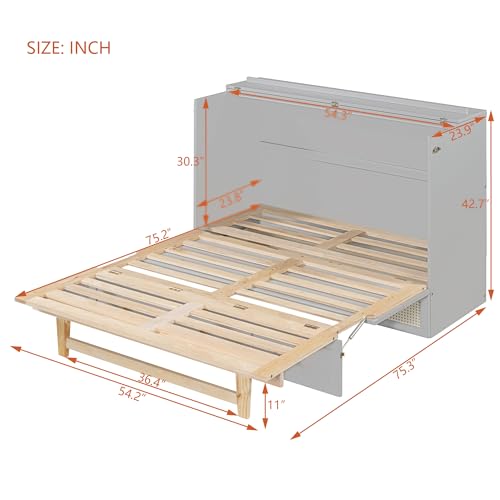Queen Murphy Bed with Large Drawer, Foldable Wooden Bedframe R46368