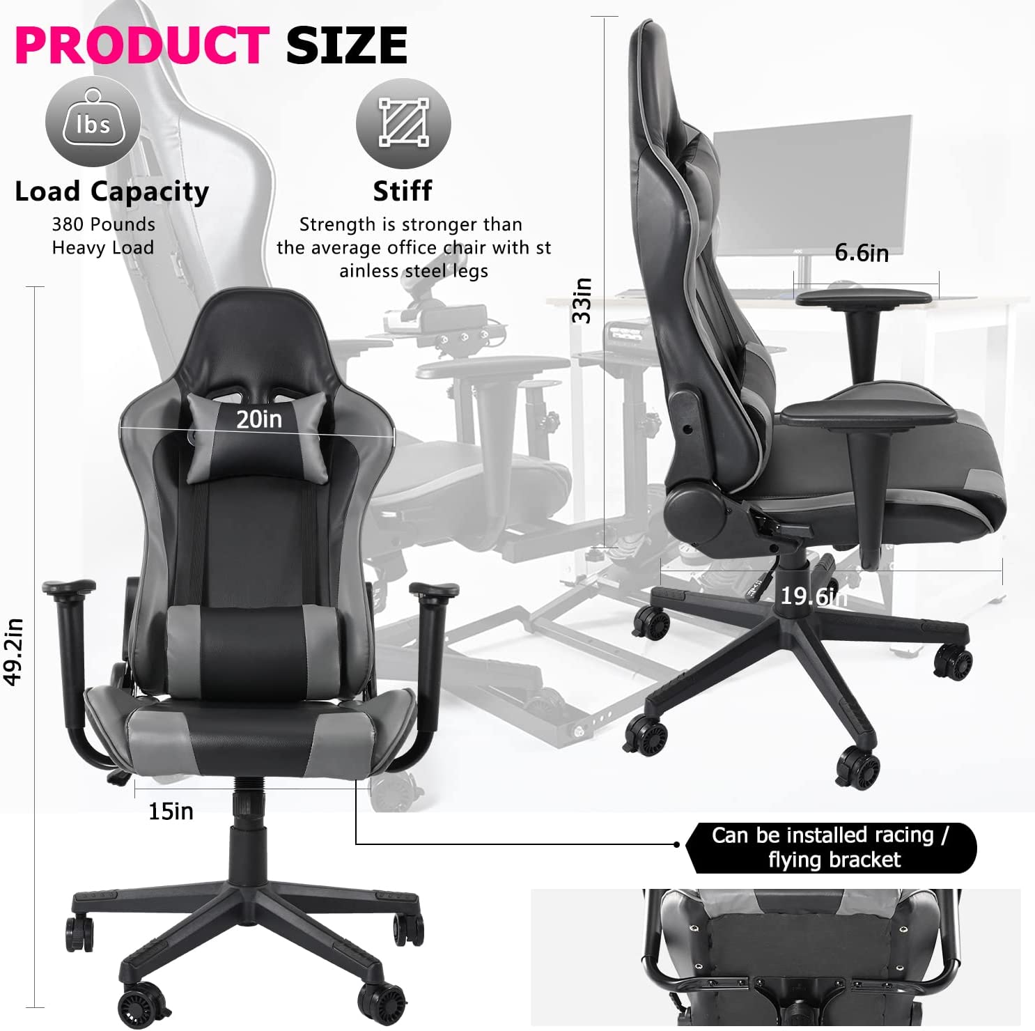 Flight & Racing Simulator Gaming Chair with Adjustable Headrest and Lumbar Pillow, Gray V16718