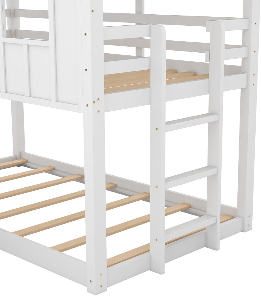 Twin Over Twin House Bunk Bed with Slide and Windows, White L7376