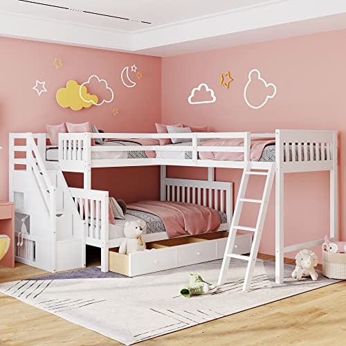 Twin over Full Triple Bunk Bed with Drawers and Stairway, L-Shaped Bunk Bed and Loft Bed Combo with Storage Compartment for 3, Ideal for Extended Family or Dorm (Espresso)