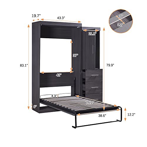 Twin Murphy Bed with Wardrobe and Storage Drawers, Wall Bed for Guest Room Home Office, Grey P7572