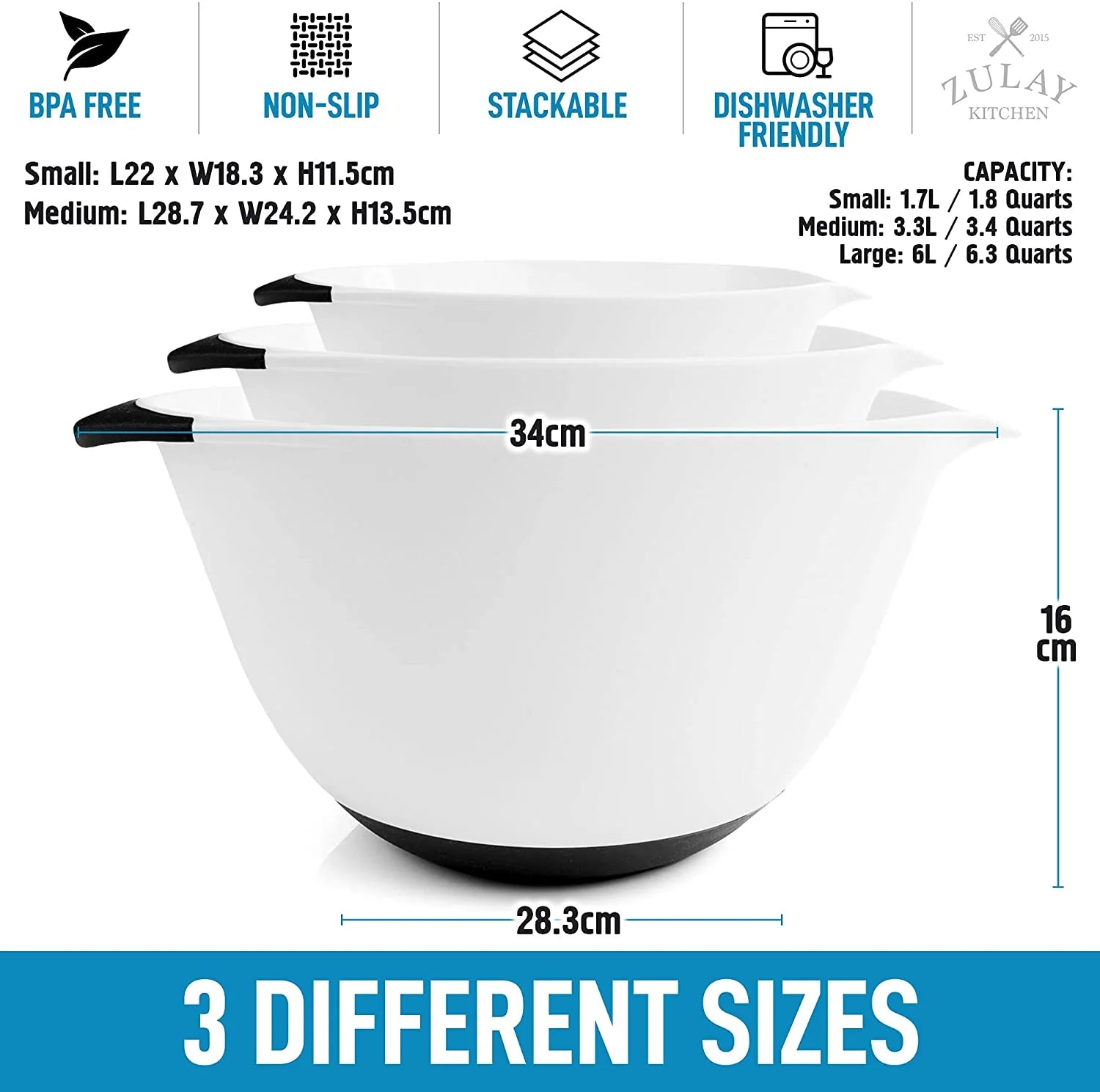 3-Piece Plastic Mixing Bowl Set with Handles, Non-Slip Bottom & Pour Spout F631590