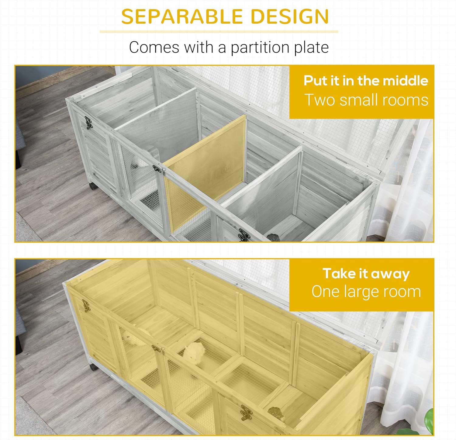Wooden Rabbit Hutch with Wheels, Openable Roof, Removable Trays H633