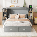 Queen Size Murphy Bed with Storage Drawer, Rattan Decoration with 2 Cabinets, Sockets and USB Ports, Pulley Structure Design Space Saving Foldable Bedframe for Bedroom Guest Room, Gray