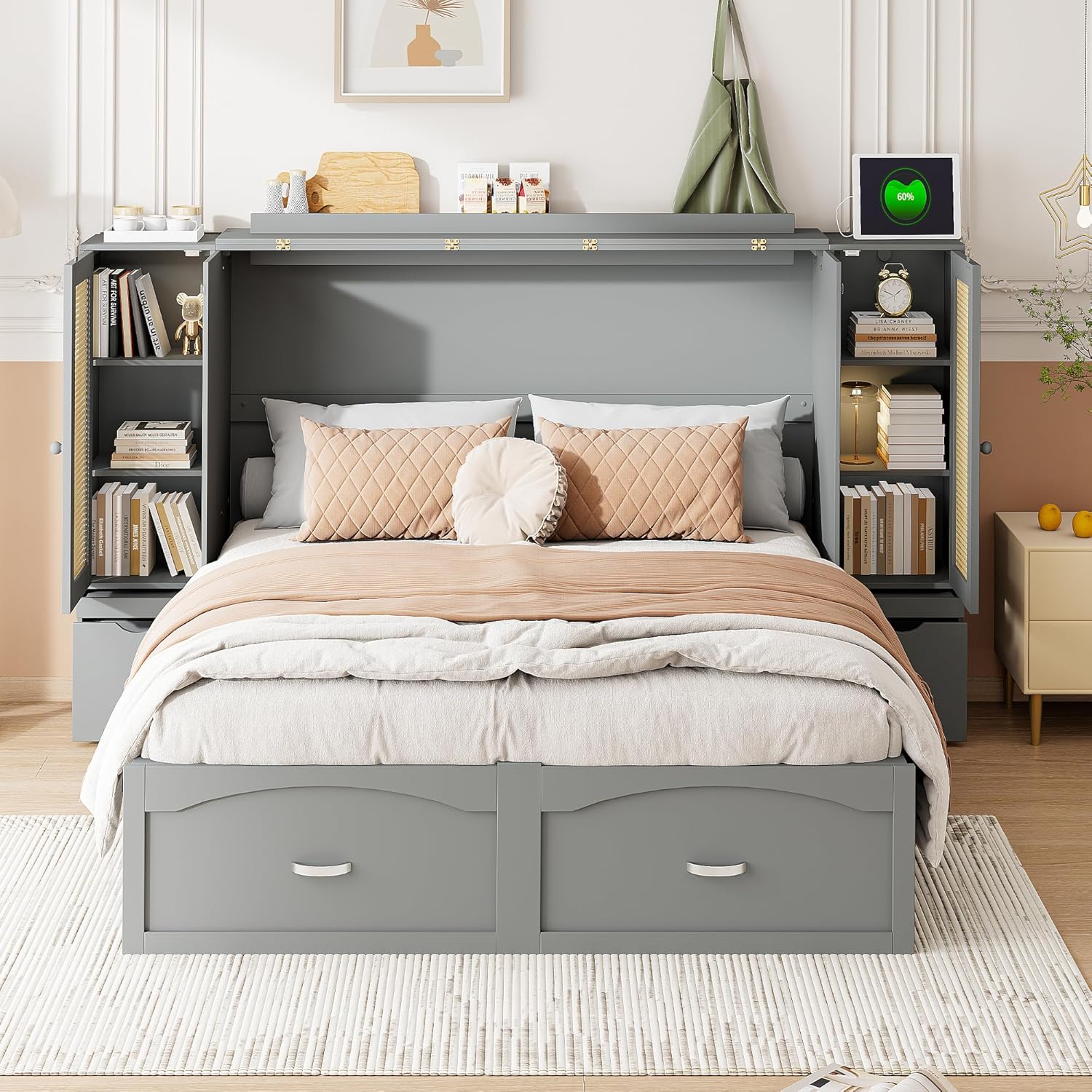 Queen Size Murphy Bed with Storage Drawer, Rattan Decoration with 2 Cabinets, Sockets and USB Ports, Pulley Structure Design Space Saving Foldable Bedframe for Bedroom Guest Room, Gray