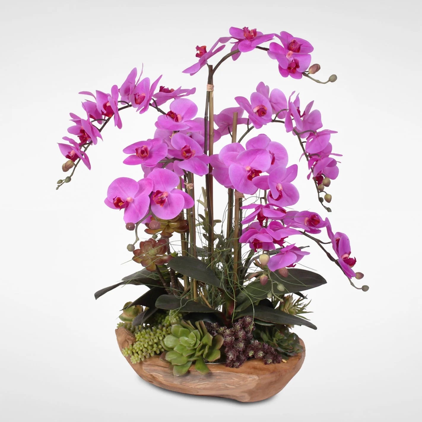 Silk Orchids with Succulents in Natural Wood Bowl Z4979