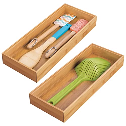mDesign Wooden Bamboo Drawer Organizer - 12" Long Stackable Storage Box Tray for Kitchen Drawers/Cabinet - Utensil, Silverware, Spatula, and Flatware Holder - Echo Collection - 2 Pack, Natural Wood