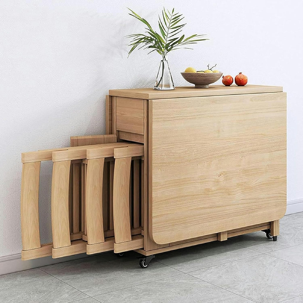 Wooden Extendable Dining Table Set with 4 Chairs, Drop Leaf Tables for Small Spaces On Moveable Wheels and 1 Drawers - Folding Dining Table Set