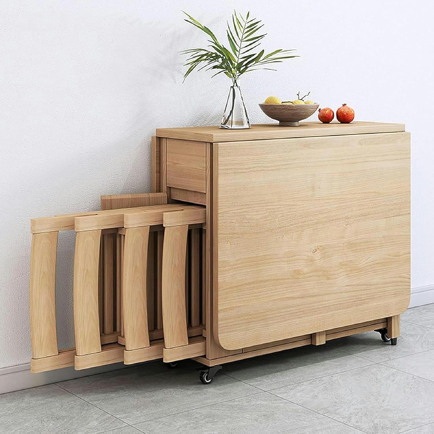 Wooden Extendable Dining Table Set with 4 Chairs, Drop Leaf Tables for Small Spaces On Moveable Wheels and 1 Drawers - Folding Dining Table Set